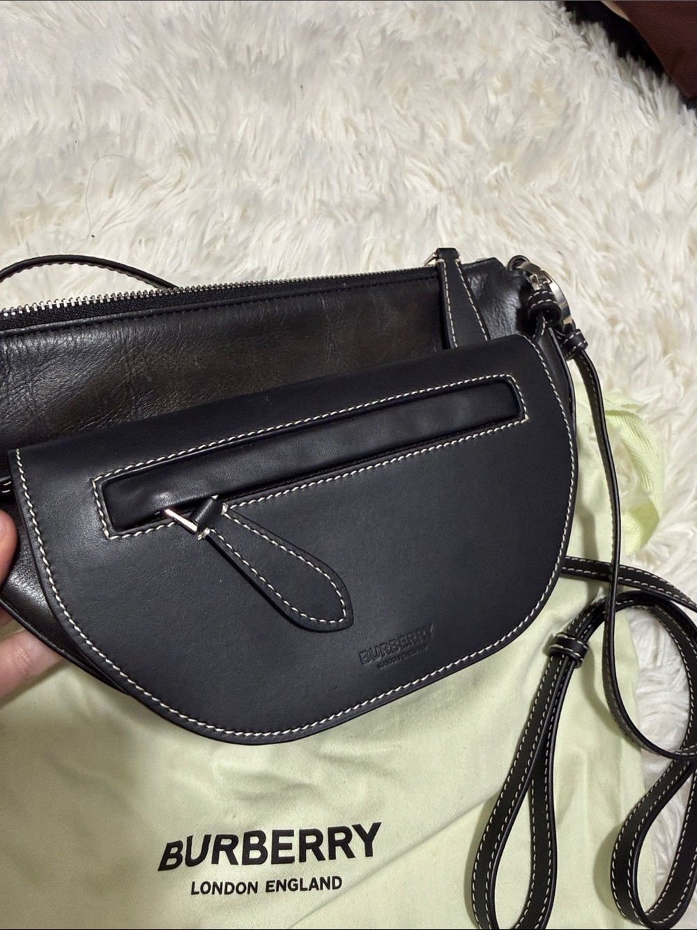 Burberry Black Leather Saddle Crossbody with White Stitching - Picture 2 of 9